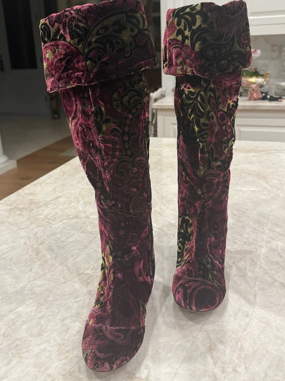 Born Velvet Paisley Over-the-Knee Boots - Pink and Black